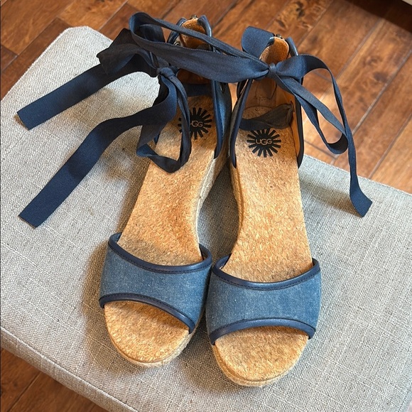 UGG Womens Sz 7.5 Amell Open Toe Lace Up Espadrille Jeans Wedge Blue Sandals - Picture 1 of 8
